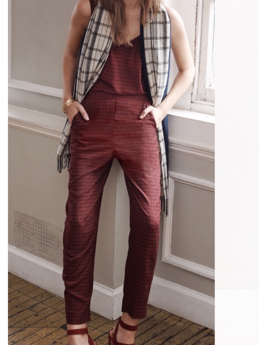 Madewell Burgundy Patterned Sleeveless Jumpsuit